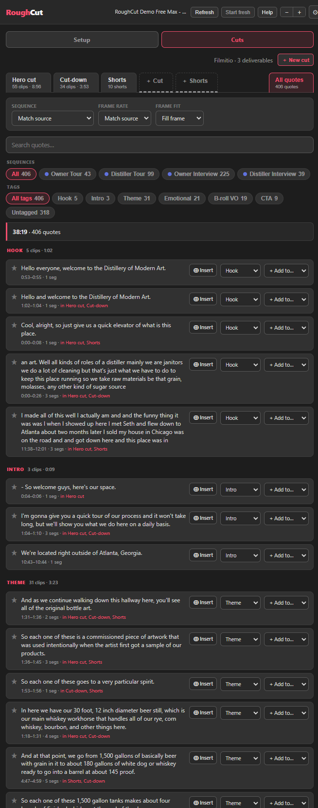 The All Quotes tab in RoughCut with tag and source filters and Insert buttons