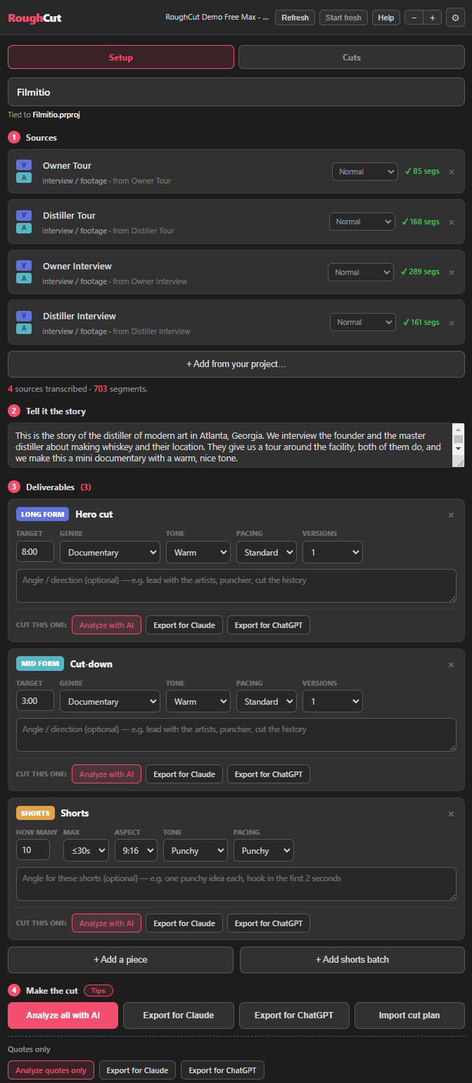 RoughCut Setup tab showing four transcribed sources, the story box, and three deliverables