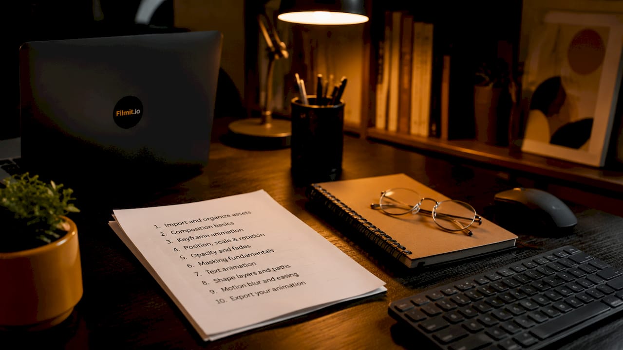 Overhead view of After Effects exercise list and workspace