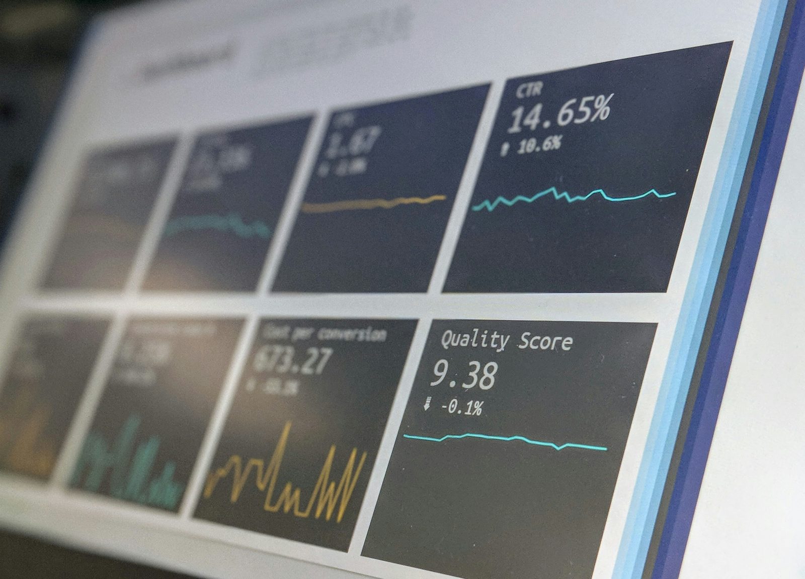 An animated analytics dashboard with charts and key metrics on screen