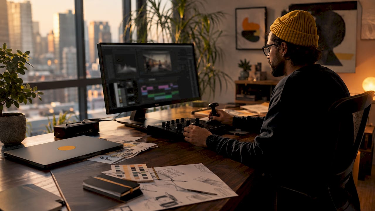 Close-up of editor's hands on controls in home office