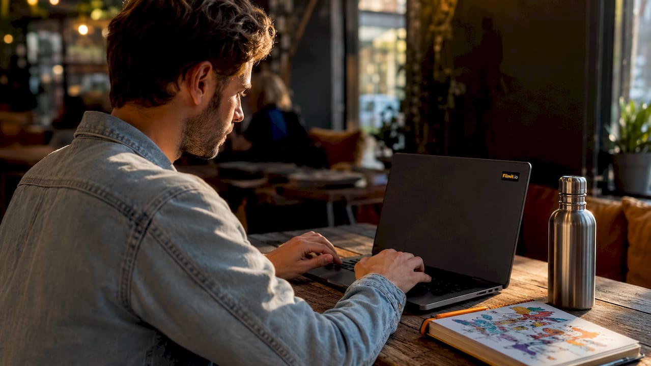 Hands adjusting infographic software settings on laptop