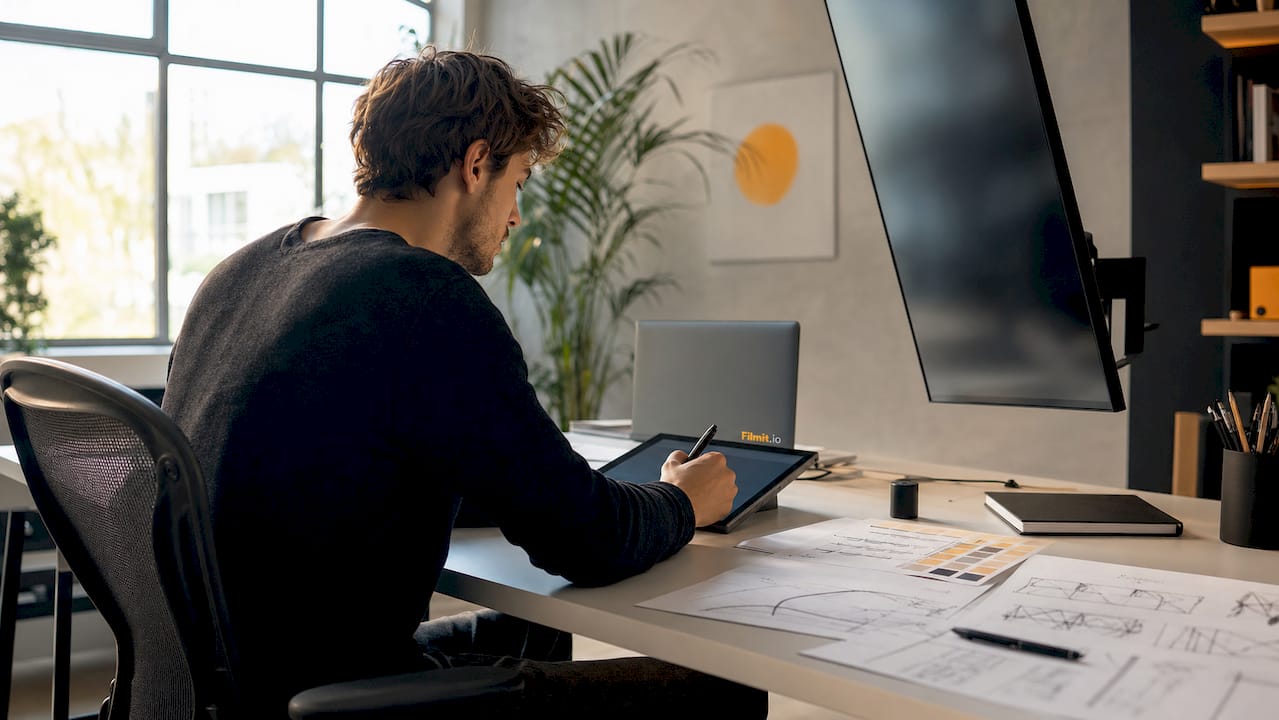Animator’s hands adjusting keyframe curves on drawing tablet
