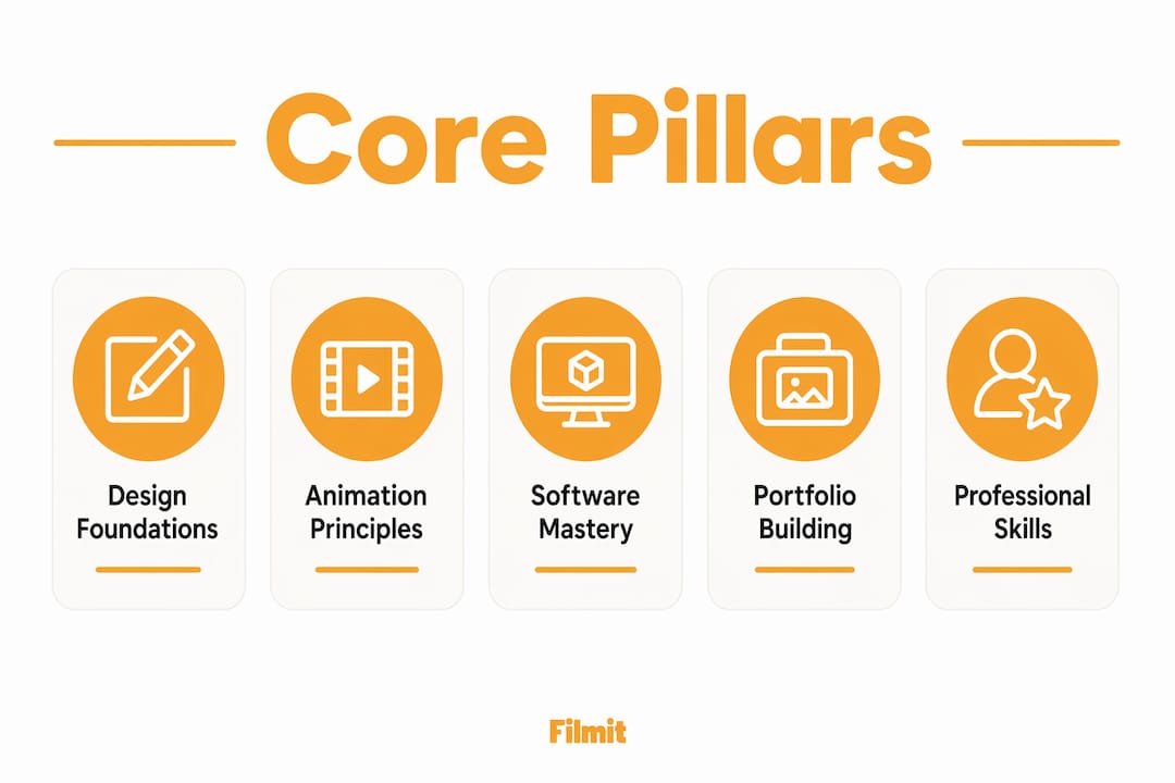 Infographic illustrating motion graphics curriculum core pillars