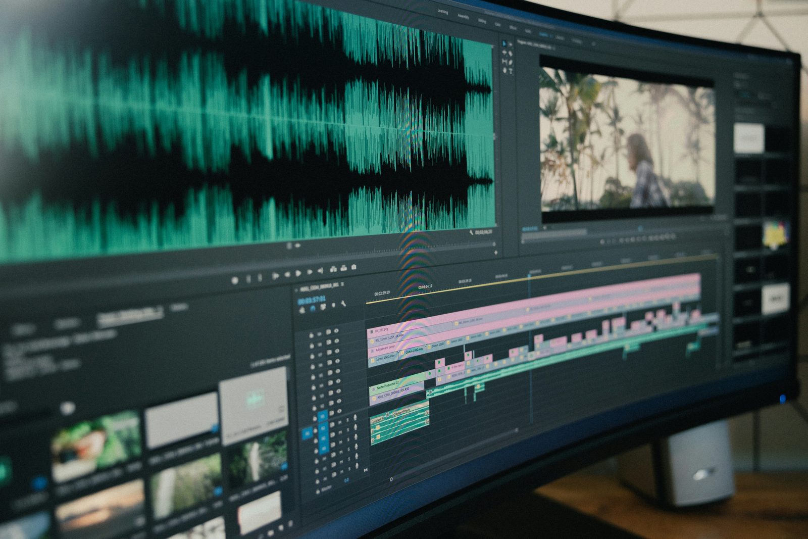 A video editing timeline with audio waveforms on a widescreen monitor