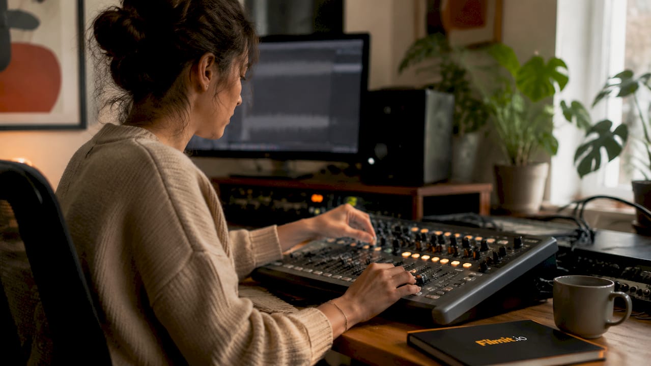 Hands adjusting audio mixing console controls