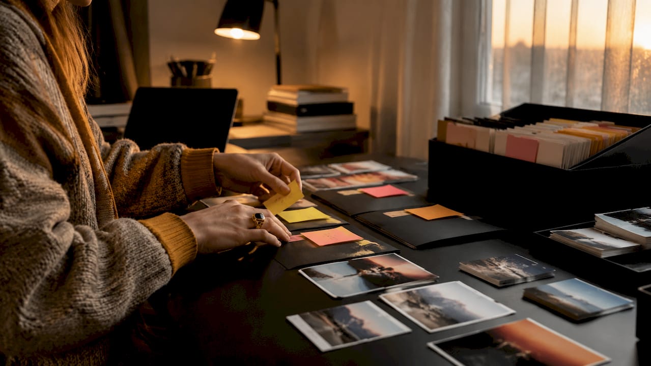 Hands organizing media asset bins with labels