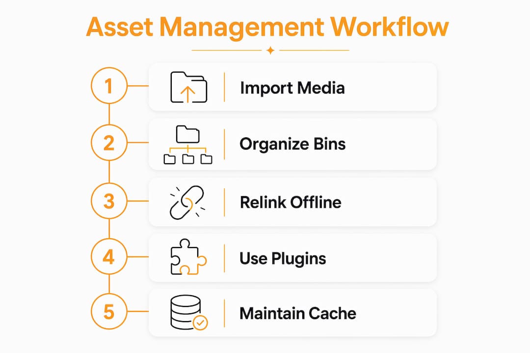 Infographic showing workflow steps for Premiere Pro media asset management