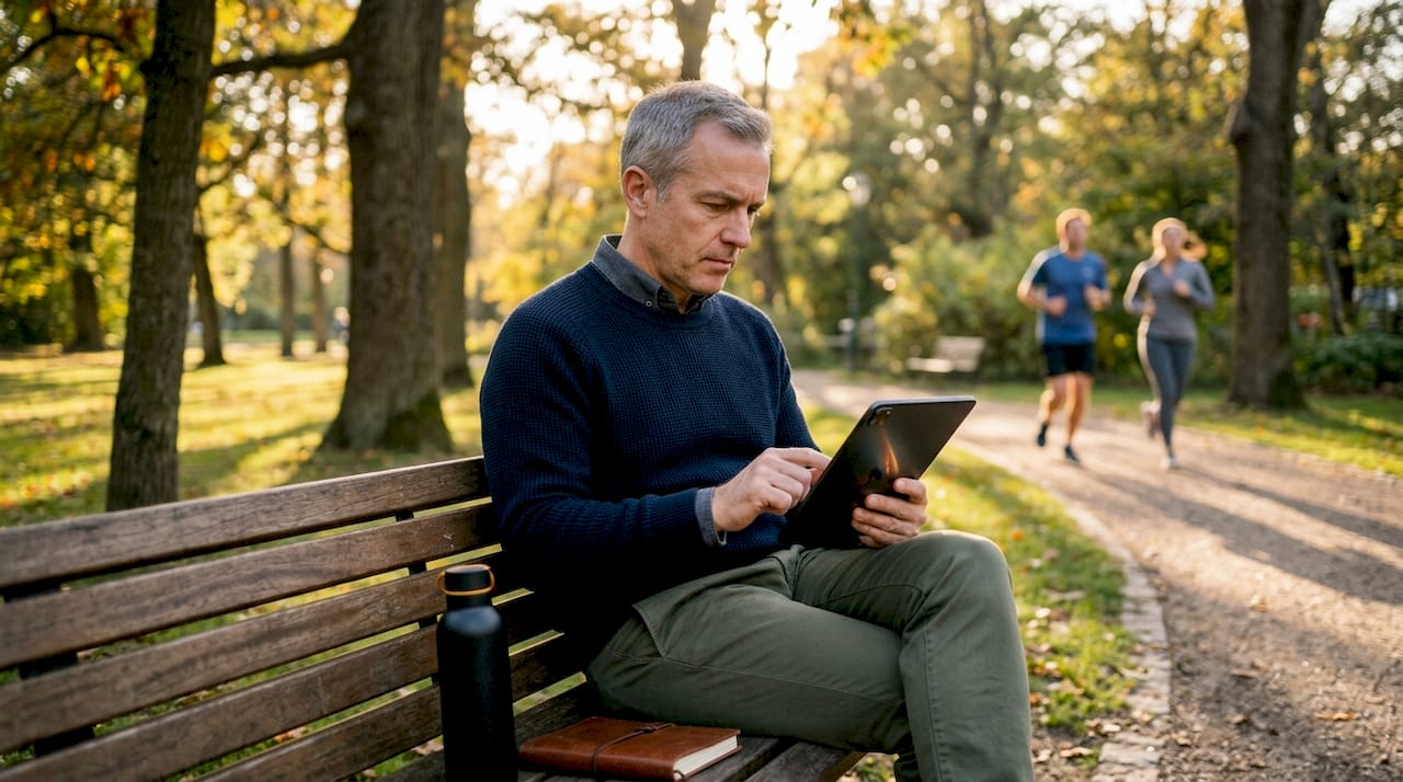 Man engaging with animated text on tablet in café