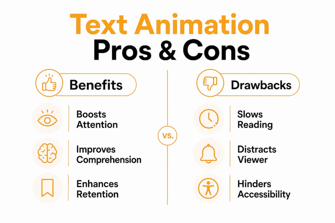Infographic comparing benefits and drawbacks of text animation