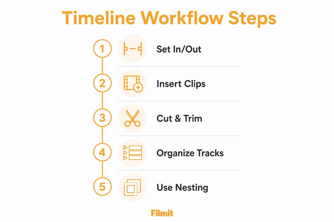 Infographic showing timeline editing workflow steps in Premiere Pro