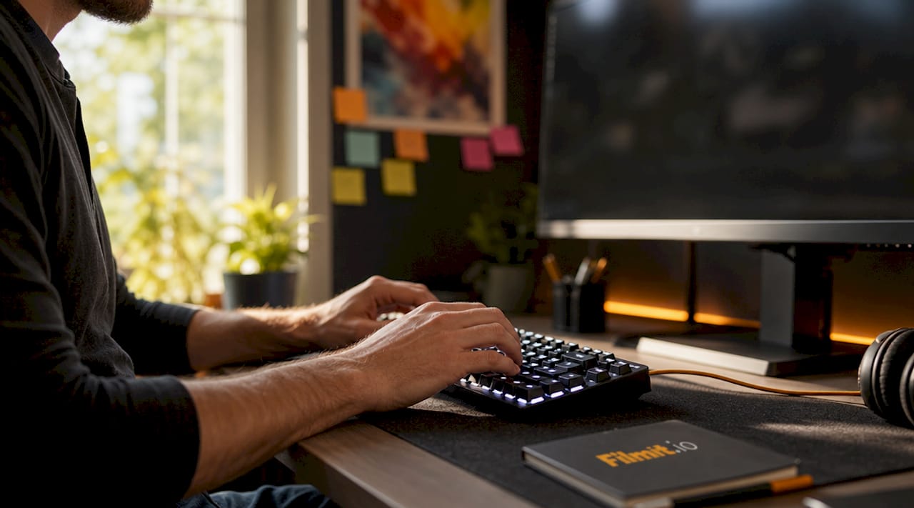 Close-up of video editor using Premiere Pro shortcuts