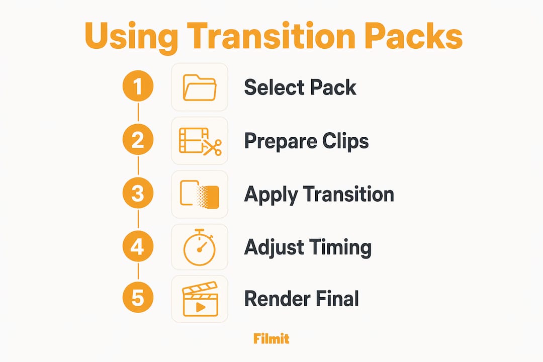 Infographic illustrating steps to use video transition packs